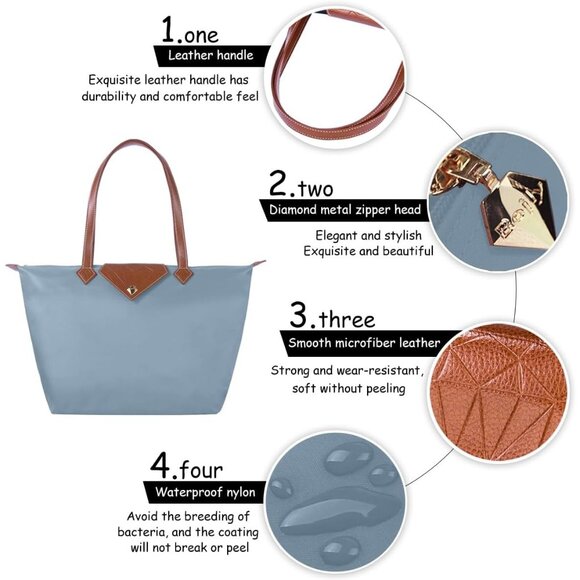 Waterproof Nylon Tote Bag Women Large Foldable Blue Shoulder Bag for Travel Use - Picture 4 of 6